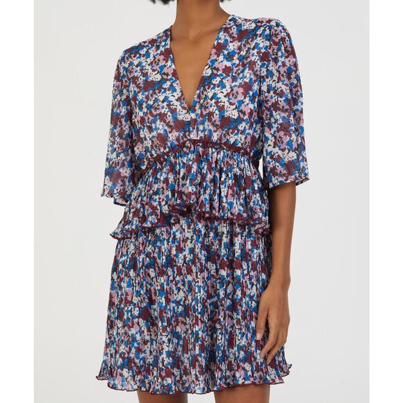 NWT Ganni Pleated Georgette Mini Dress Multi-Color Flounce V-Neck NEW sz 36 - Picture 14 of 16